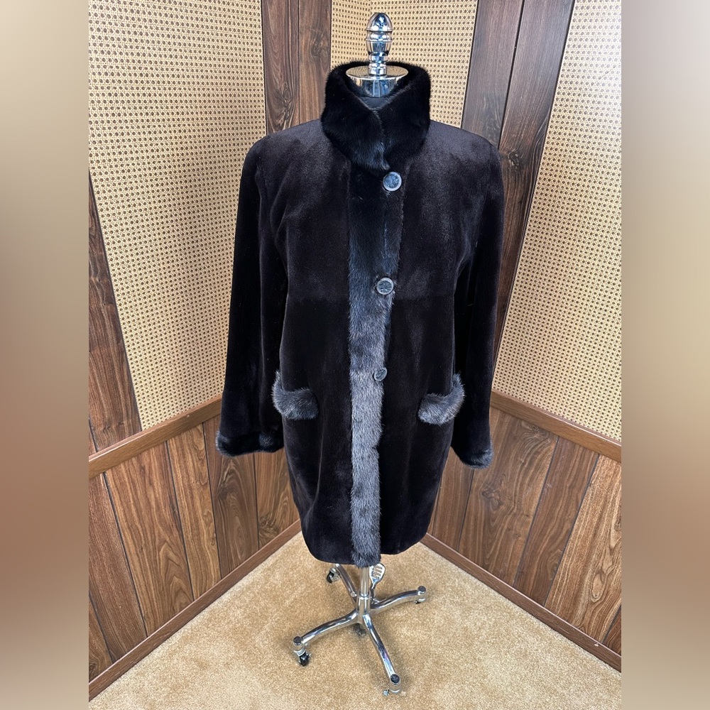 DYED BLACK SHEARED & LONG HAIRED MINK TRIM REVERSIBLE TAFFETA FUR COAT JACKET